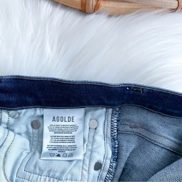 Agolde Sophie Skinny Jeans Raw Hem Distressed Dark Blue Fading Cut off 26 - Picture 7 of 13
